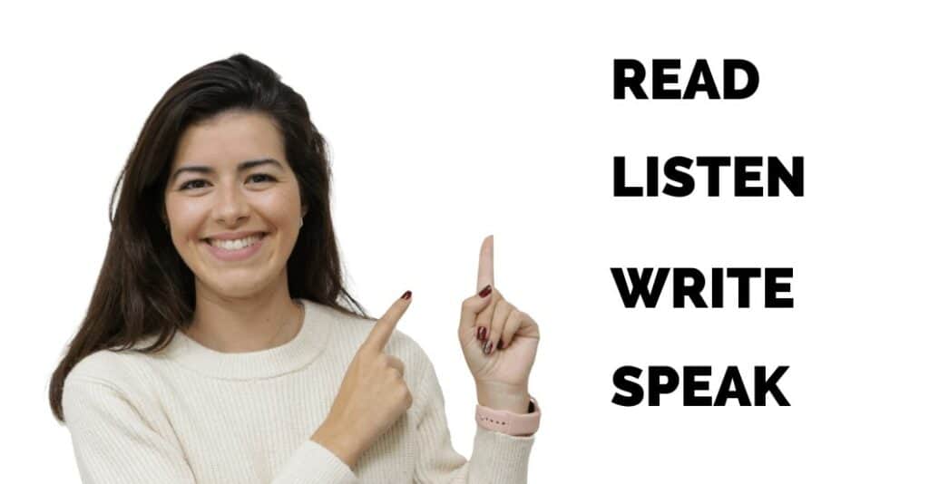 teacher pointing - read, listen, write, speak