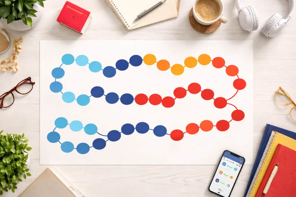 Board game-style learning path showing all 24 levels of the 24 Level System to Spanish Fluency from A1.1 to B2.8 on a desk with study materials